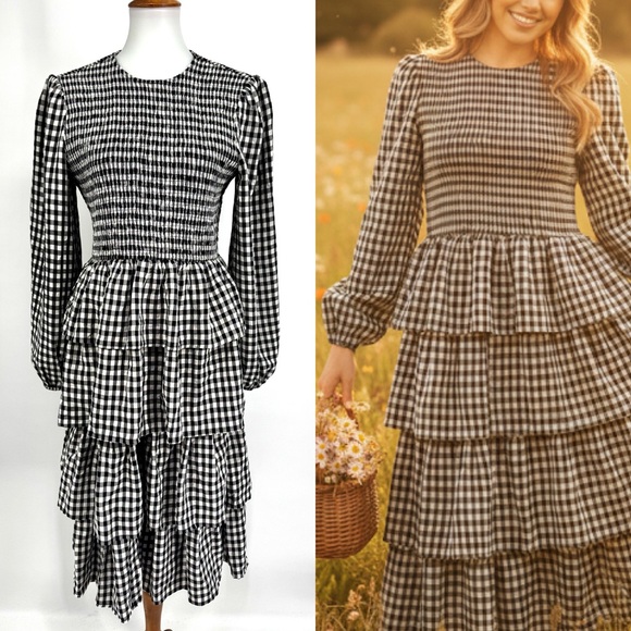 JESSAKAE Lemon Drop Gingham Midi Tiered Ruffle Midi Dress in Black and White NWT - Picture 1 of 6